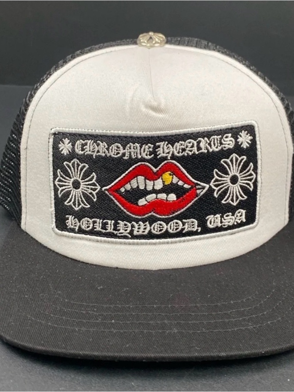 Chrome Hearts Black, White & Red Trucker Hat with Yellow Accent